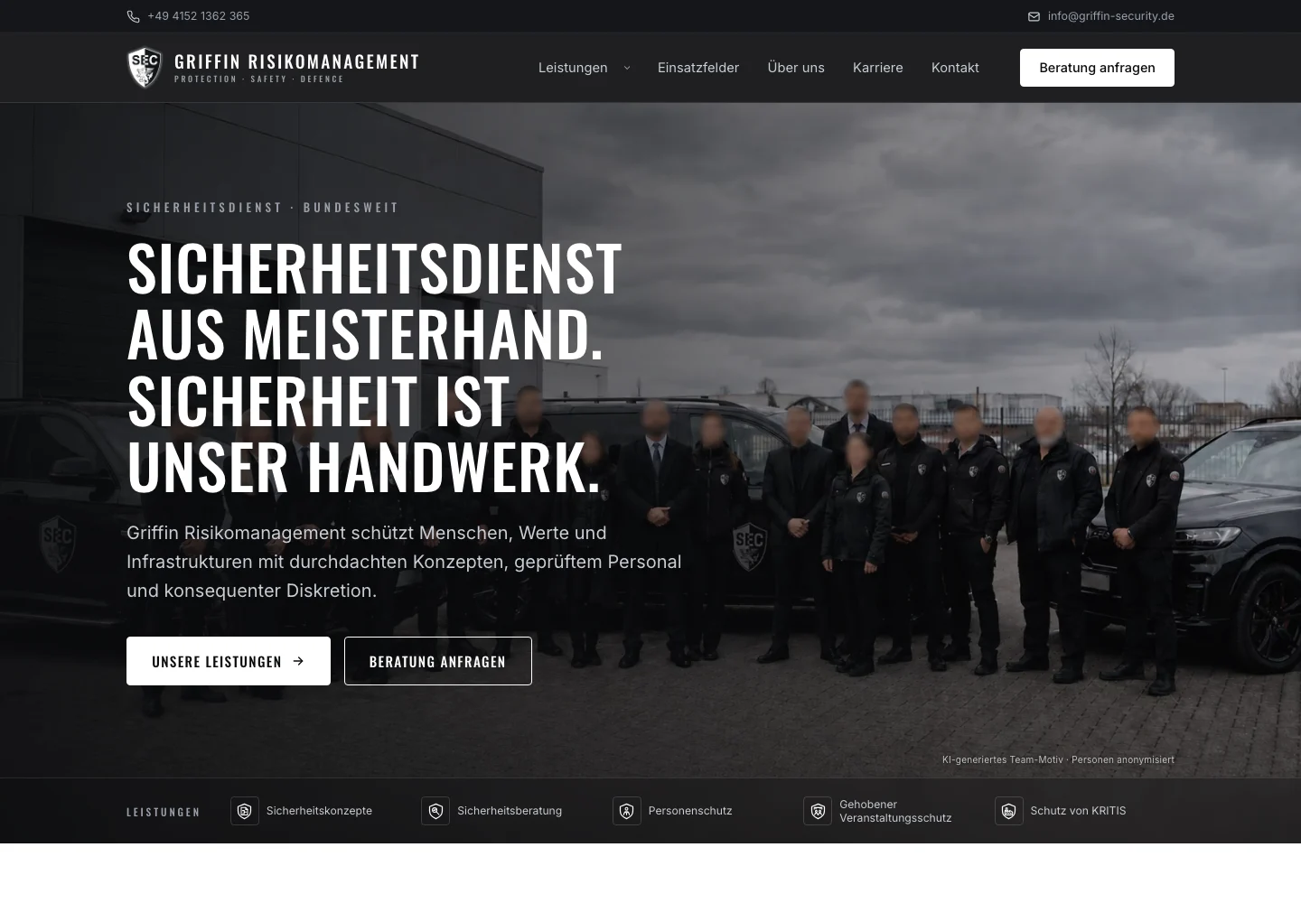 Desktopansicht von GRIFFIN: Website für einen Sicherheitsdienst