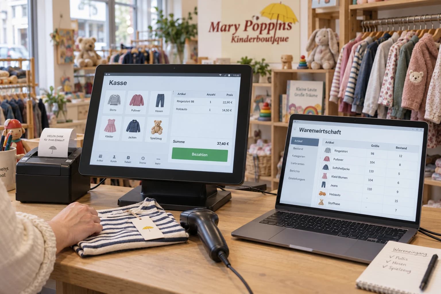 Illustrative Szene: Kassensystem und Laptop mit Warenwirtschaft auf dem Verkaufstresen einer Kinderboutique.