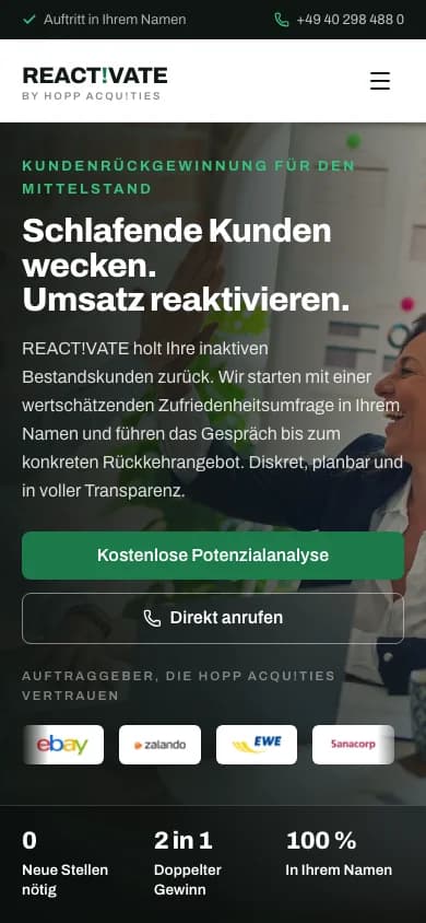 Mobile view of REACT!VATE: Website for customer reactivation