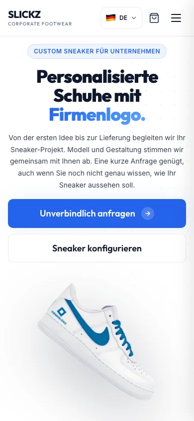 Mobile Ansicht von SLICKZ: Website mit Sneaker-Konfigurator