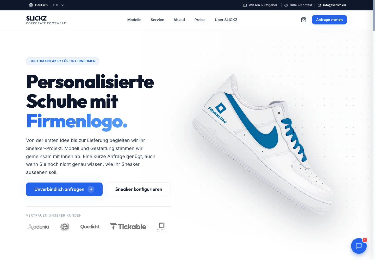 Desktopansicht von SLICKZ: Website mit Sneaker-Konfigurator