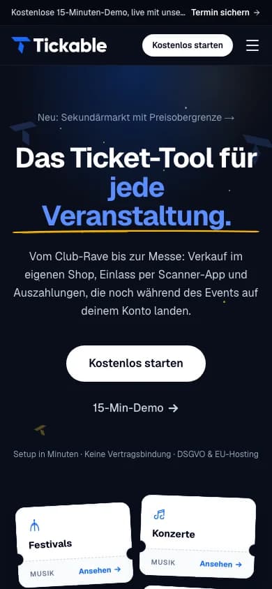 Mobile Ansicht von tickable: Ticketsystem für Veranstaltungen