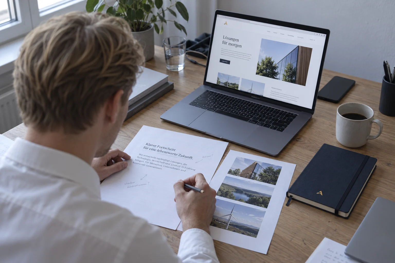 Redaktionelle Arbeit an einer Landingpage mit Textkorrekturen und Bildauswahl
