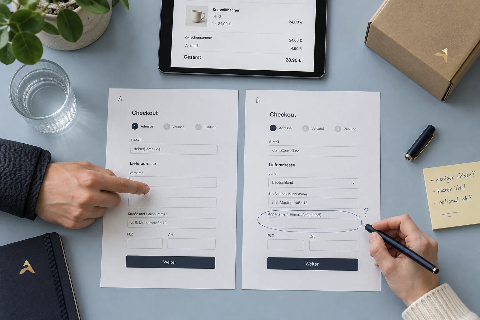 Vergleich zweier Checkout-Entwürfe zur Vereinfachung des Kaufabschlusses