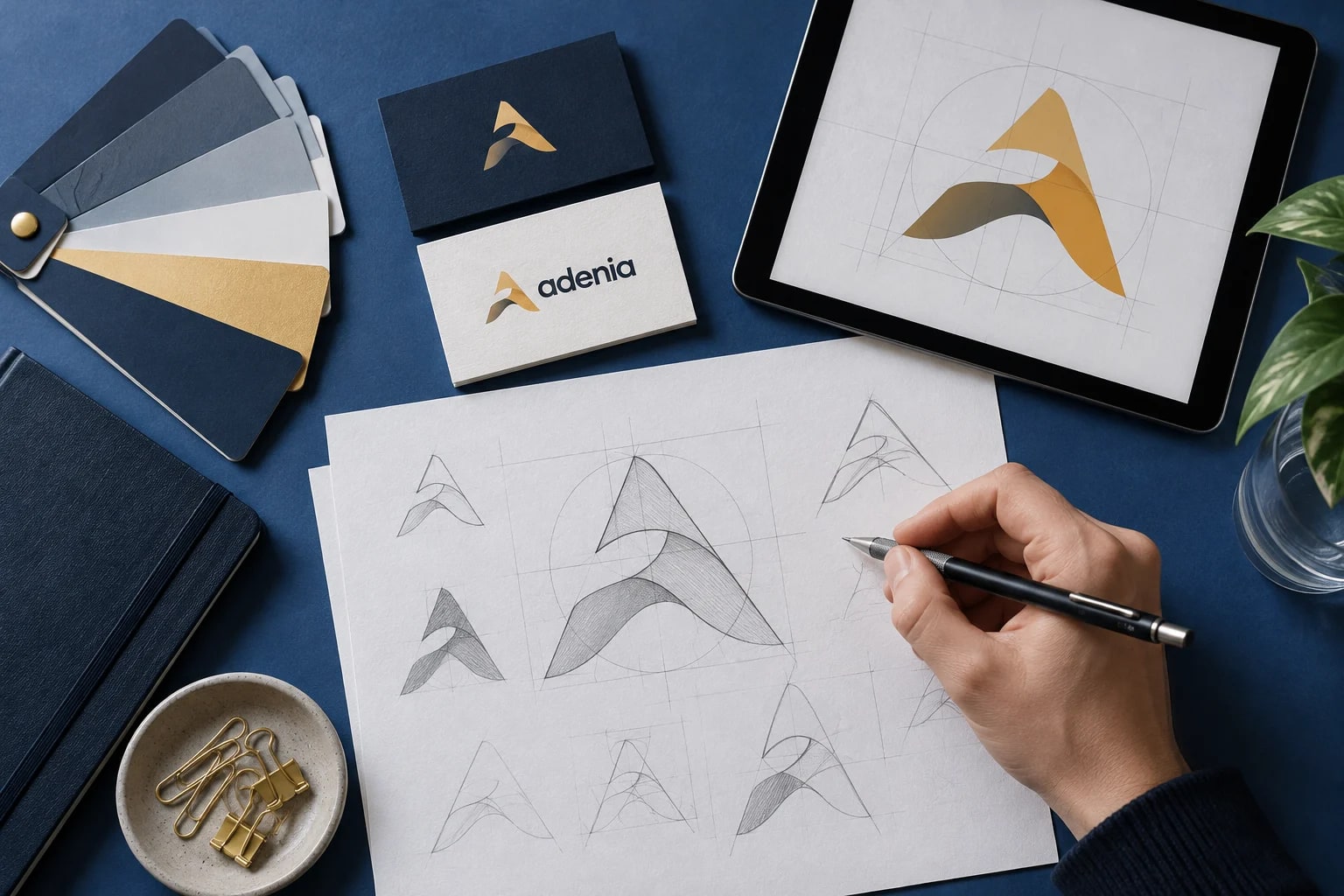 Logo-Entwürfe, Farbmuster und Visitenkarten im Designprozess