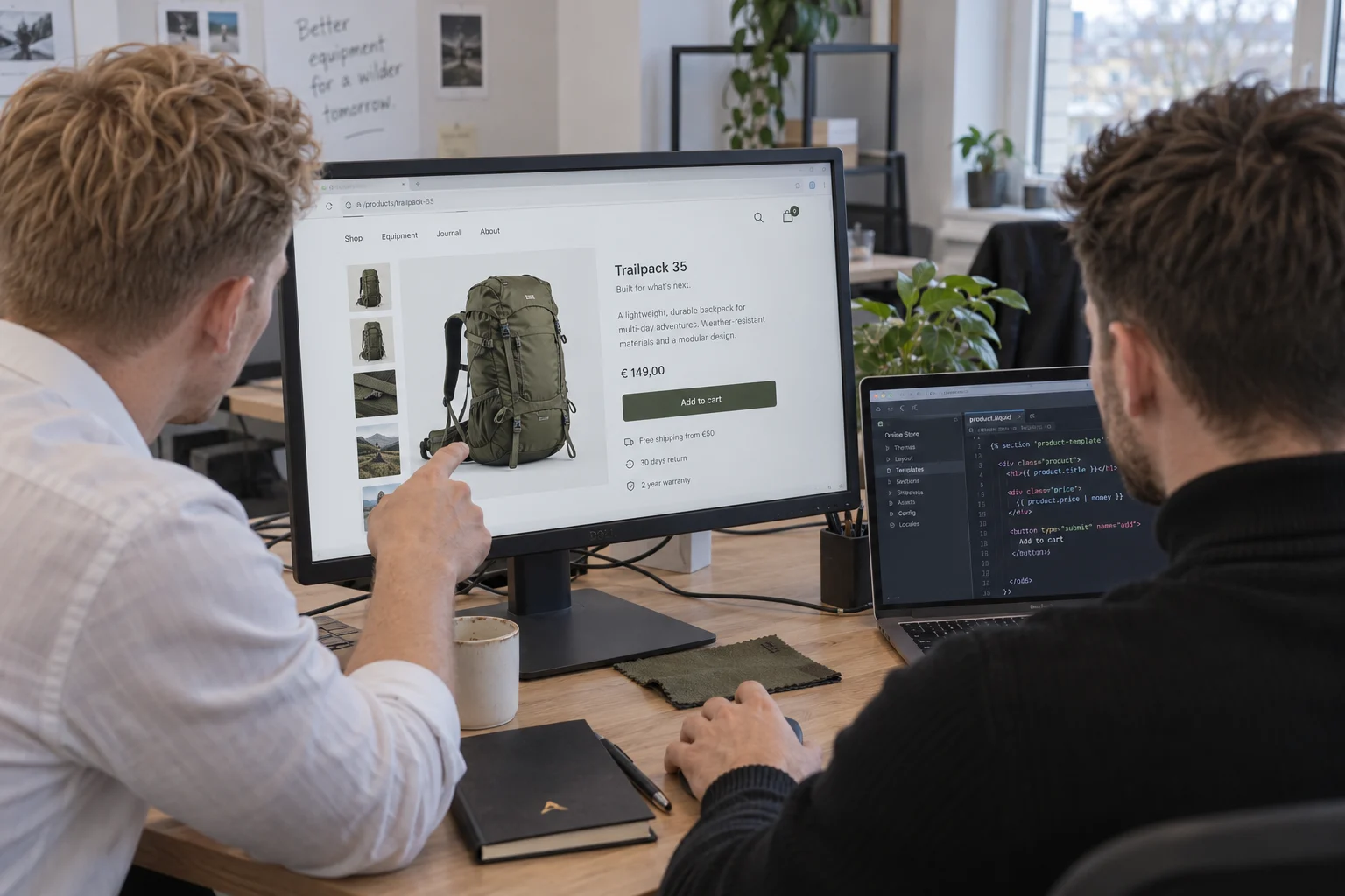 Individuelle Shop-Oberfläche am Monitor und zugehöriger Code auf dem Laptop