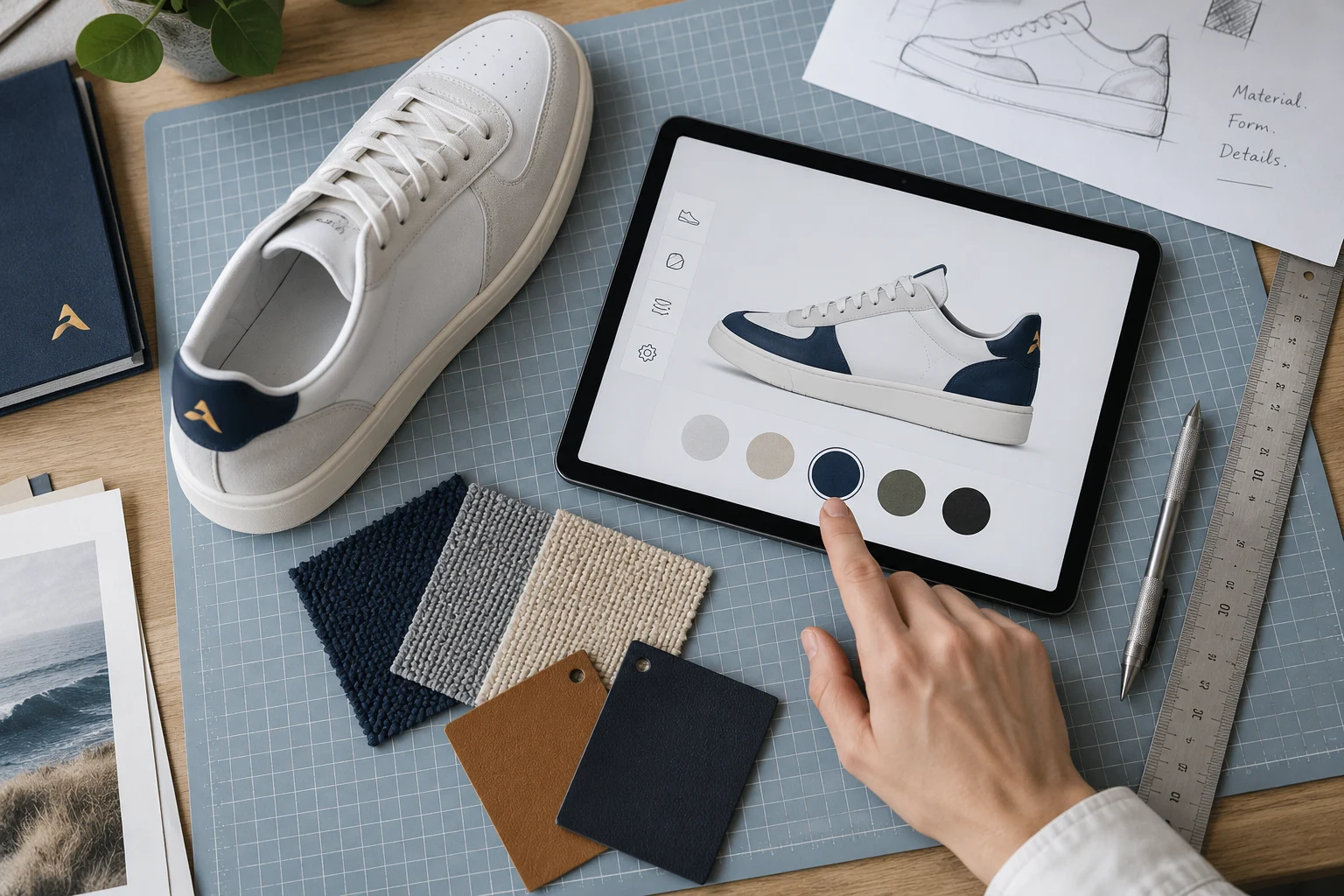 Sneaker-Konfigurator auf einem Tablet neben Schuh und Materialmustern