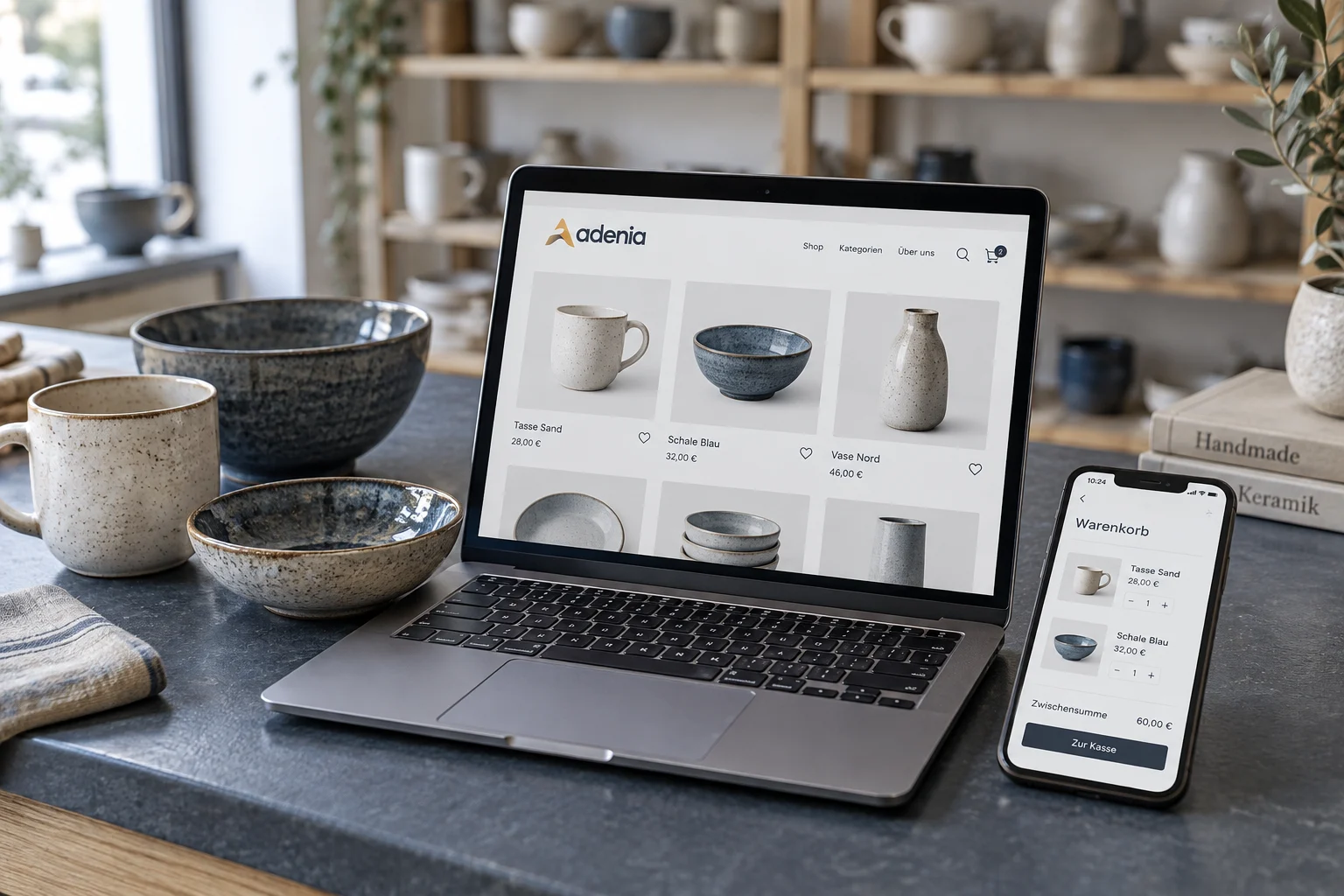 Prüfung eines Keramik-Onlineshops auf Laptop und Smartphone