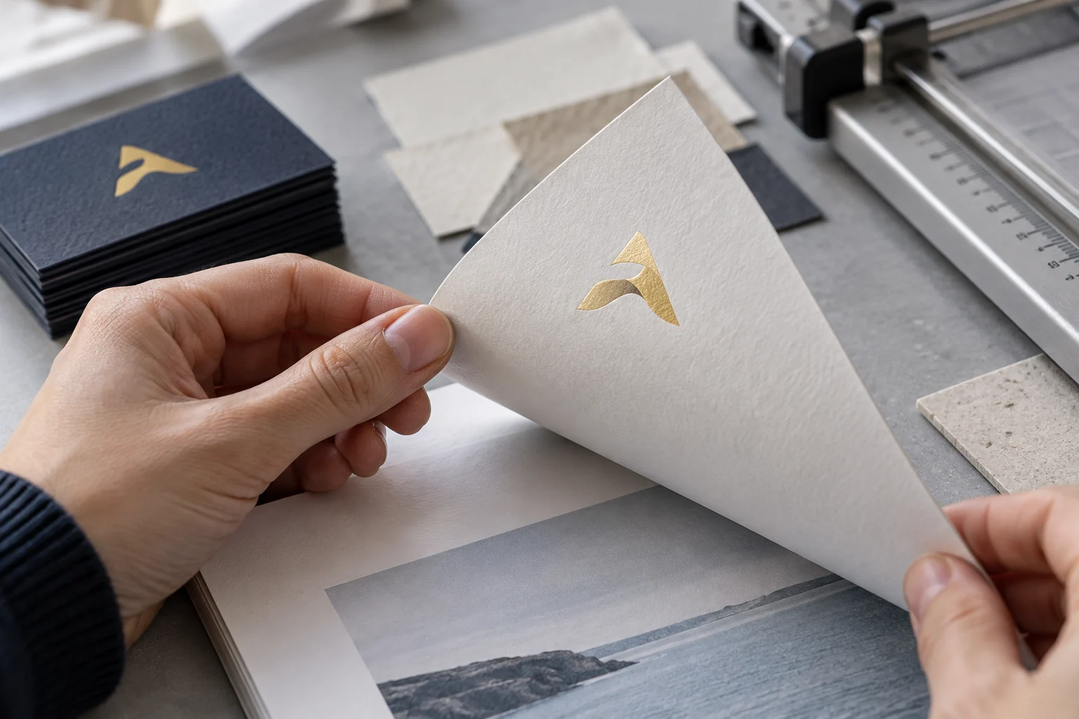 Prüfung von Broschüre, Visitenkarten und Papiermustern im Adenia-Design
