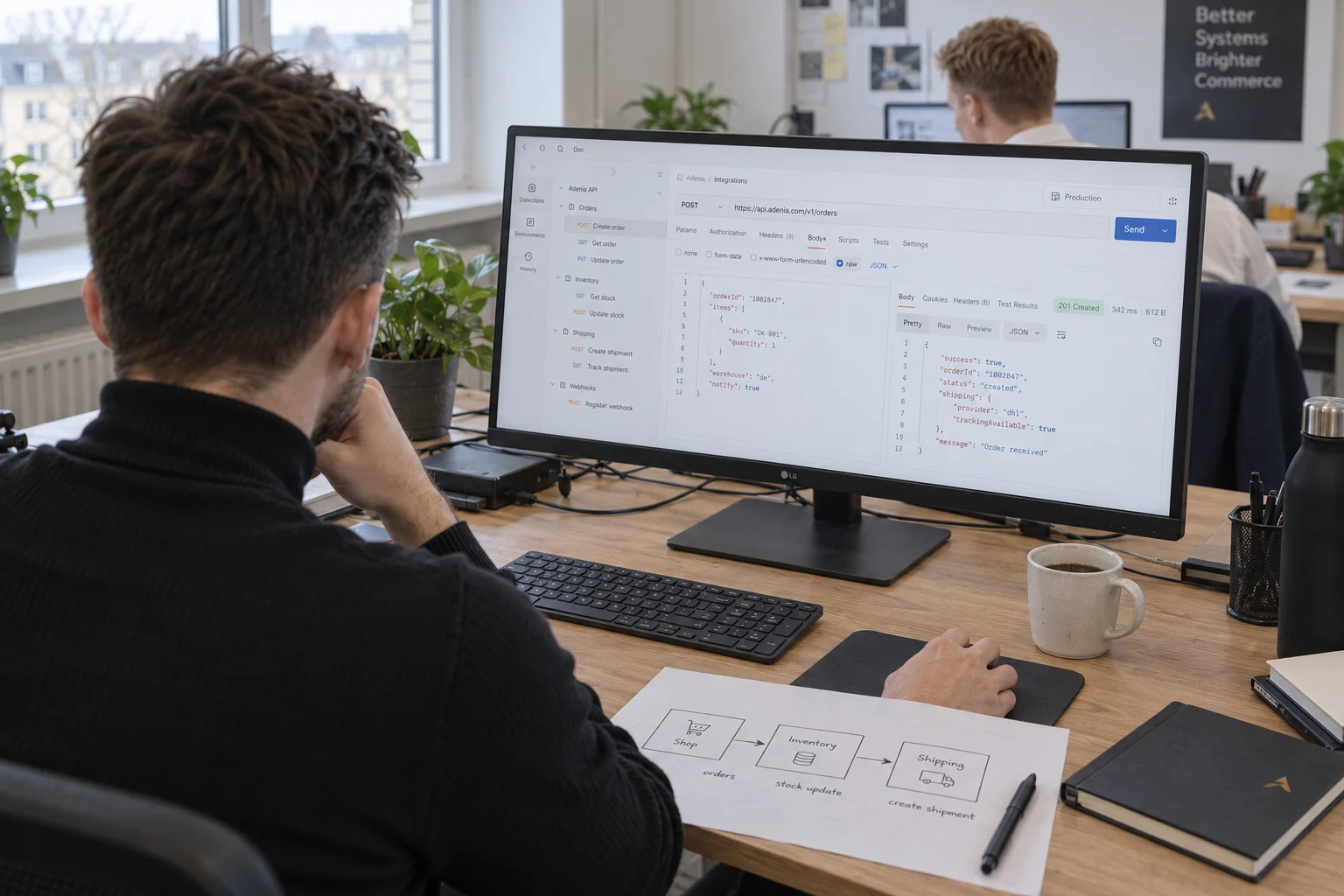 Prüfung einer API-Anfrage mit skizzierter Verbindung zwischen Shopsystem und Warenwirtschaft