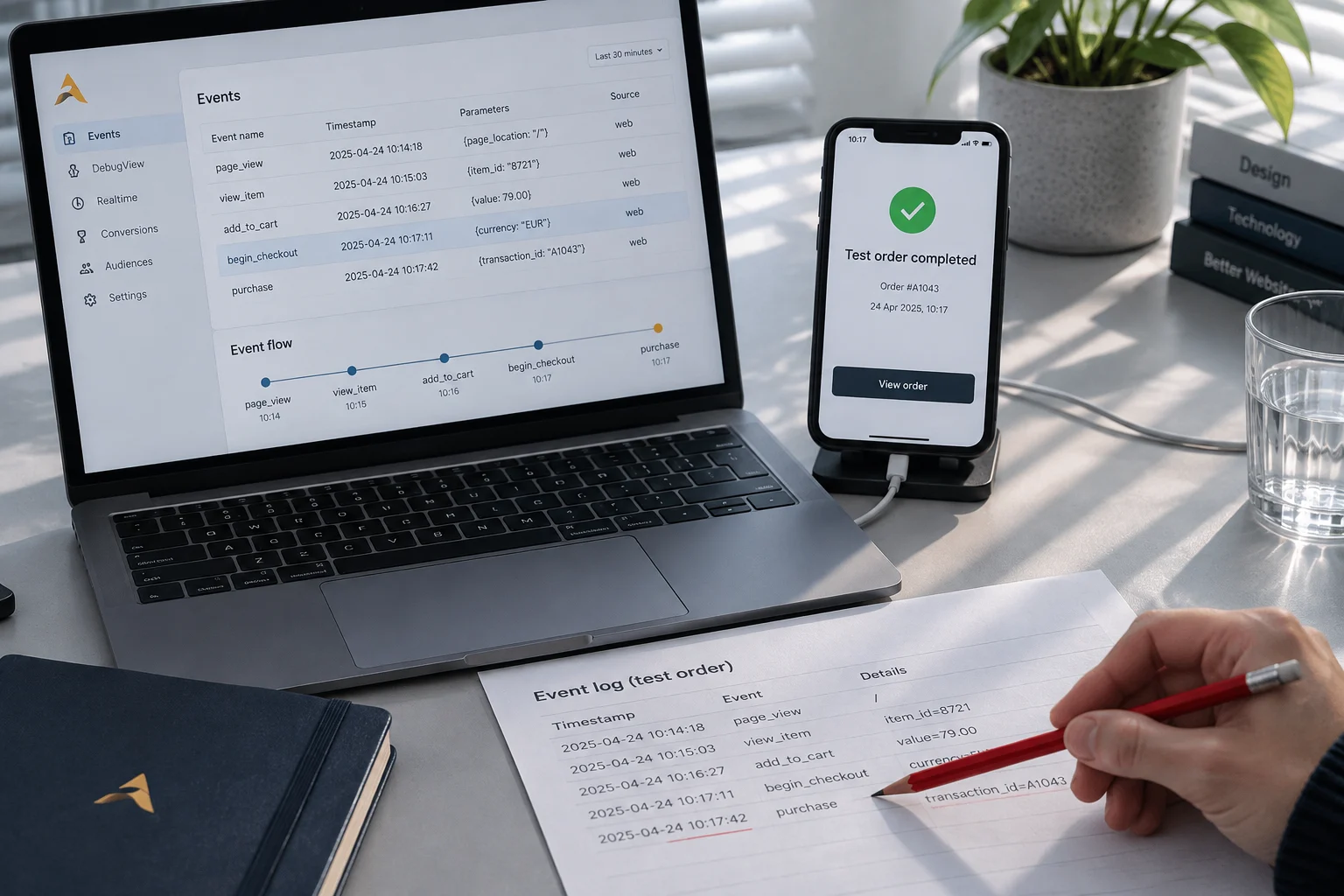 Kontrolle von Tracking-Ereignissen am Laptop mit Testbestellung auf dem Smartphone