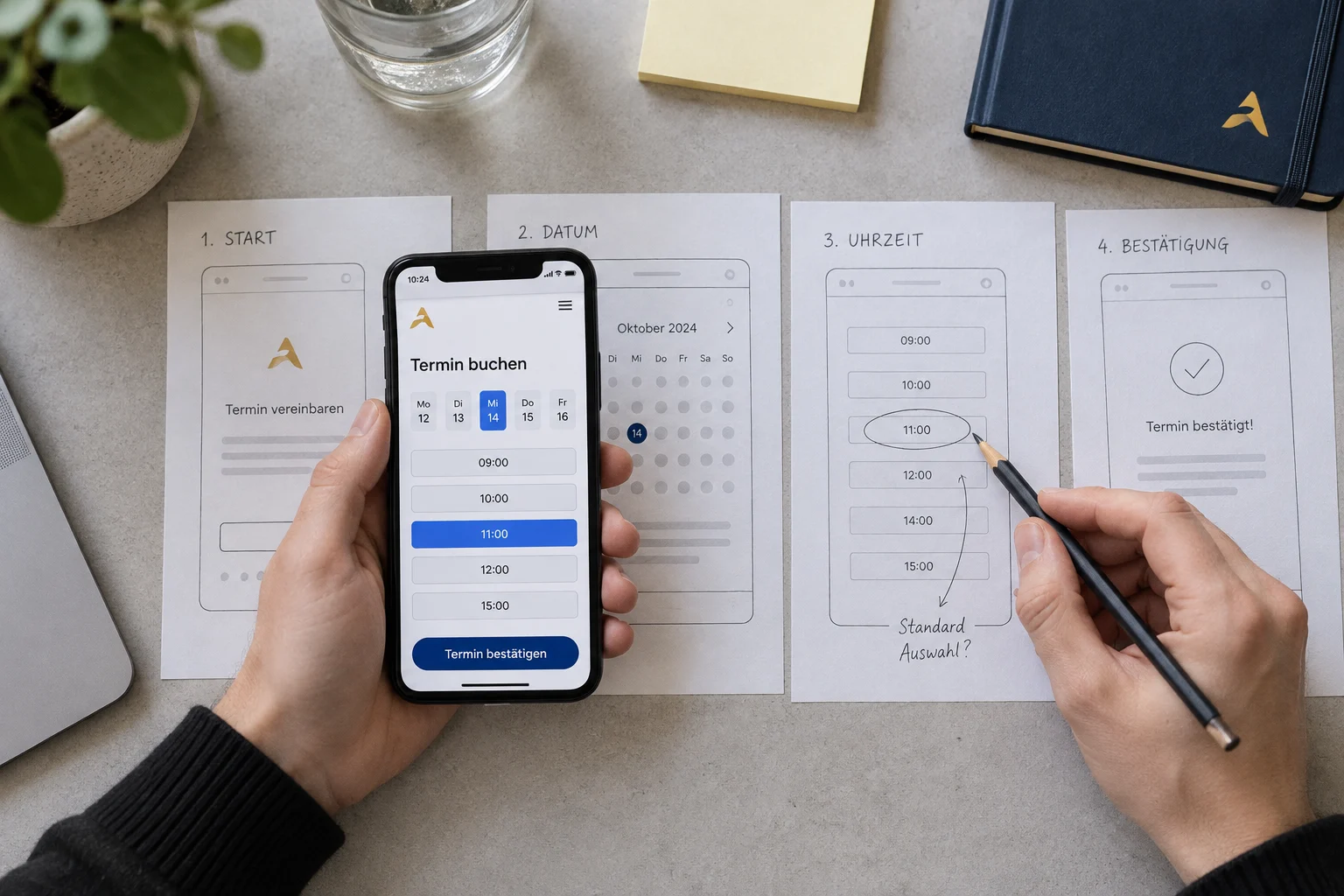 Test eines Buchungsprototyps auf dem Smartphone mit passenden Wireframes