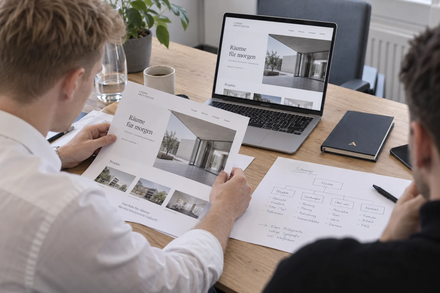 Website-Entwurf auf Papier und Laptop im gemeinsamen Design-Review