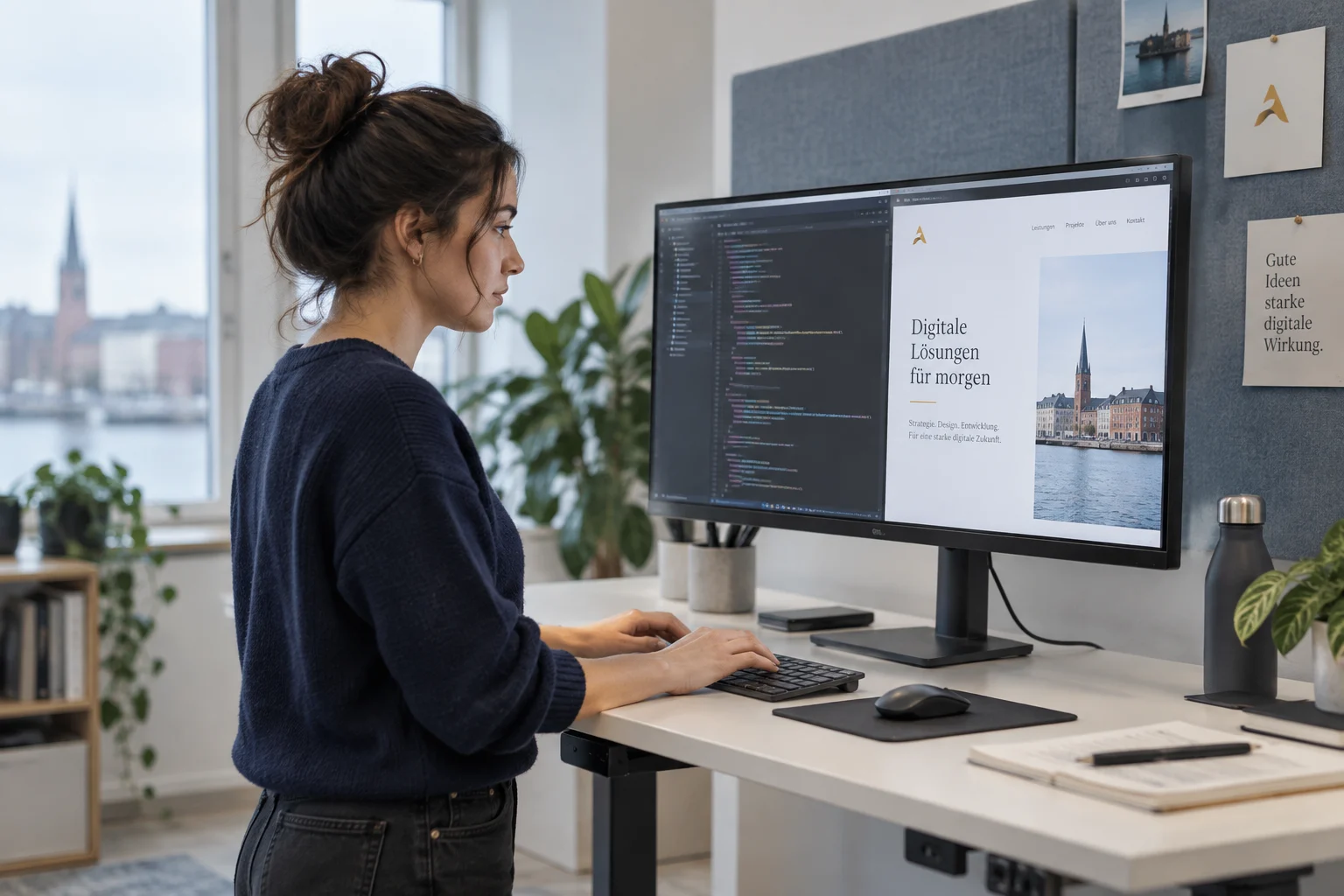 Entwicklerin arbeitet am Code und prüft die Website-Vorschau am Monitor