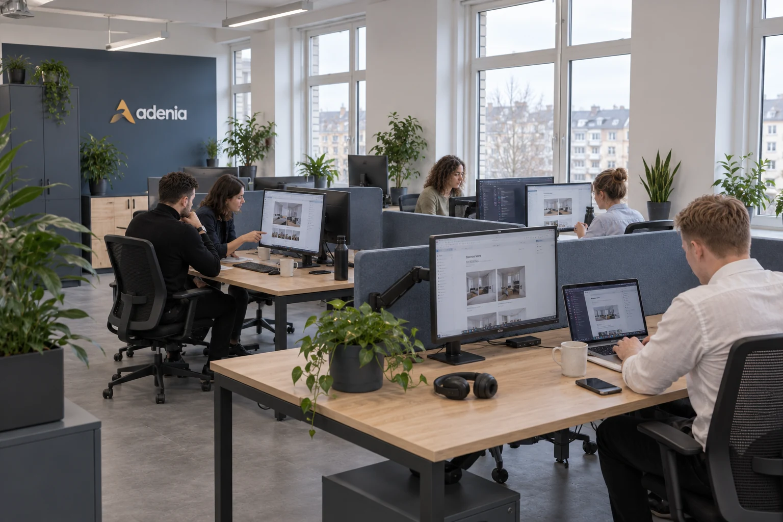 Blick in einen hellen, papierlosen Workspace mit Monitoren, Laptops und dem Adenia-Team bei der Arbeit